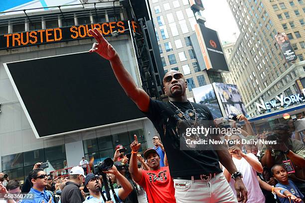 Floyd "Money" Mayweather enters when he and Marcos "El Chino" Maidana hosted a Times Square press conference in New York City to officially announce...