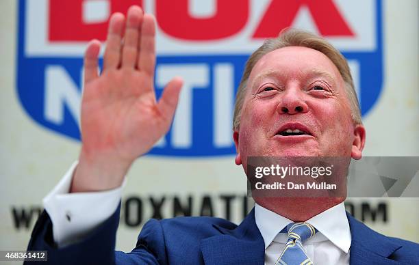 Frank Warren talks to the media during a press conference at Fredericks Restaurant on April 2, 2015 in London, England.