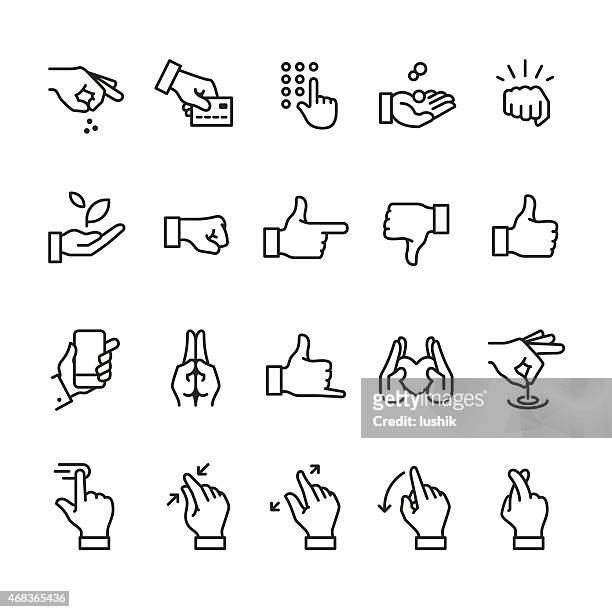 hand gestures related linear icons - call me hand sign stock illustrations