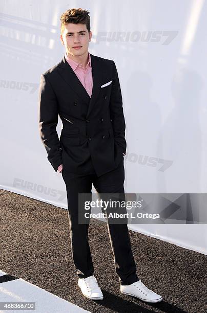 Actor Gregg Sulkin arrives for the Premiere Of Universal Pictures' "Furious 7" held at TCL Chinese Theatre on April 1, 2015 in Hollywood, California.