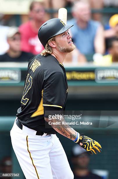 Corey Hart of the Pittsburgh Pirates bats during a spring training game against the Atlanta Braves on March 26, 2015 at McKechnie Field in Bradenton,...