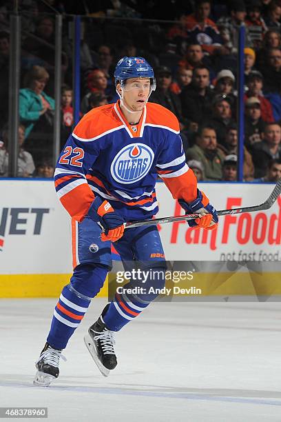 Keith Aulie of the Edmonton Oilers skates on the ice during the game against the Colorado Avalanche on March 25, 2015 at Rexall Place in Edmonton,...