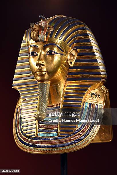 The burial mask of Egyptian Pharaoh Tutankhamun is shown during the 'Tutanchamun - Sein Grab und die Schaetze' Exhibition Preview at Kleine...