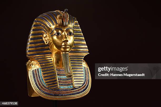 The burial mask of Egyptian Pharaoh Tutankhamun is shown during the 'Tutanchamun - Sein Grab und die Schaetze' Exhibition Preview at Kleine...