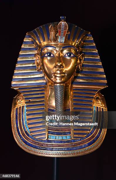 The burial mask of Egyptian Pharaoh Tutankhamun is shown during the 'Tutanchamun - Sein Grab und die Schaetze' Exhibition Preview at Kleine...