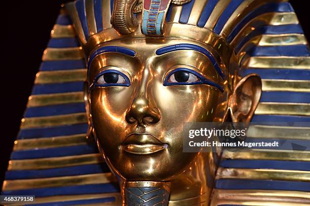 The burial mask of Egyptian Pharaoh Tutankhamun is shown during the 'Tutanchamun - Sein Grab und die Schaetze' Exhibition Preview at Kleine...
