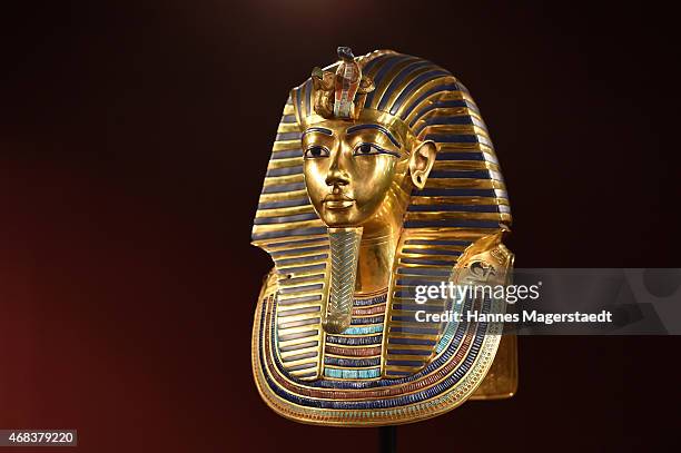 The burial mask of Egyptian Pharaoh Tutankhamun is shown during the 'Tutanchamun - Sein Grab und die Schaetze' Exhibition Preview at Kleine...