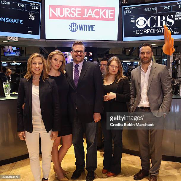 Edie Falco, Betty Gilpin, Stephen Wallem, Merritt Wever and Dominic Fumusa of 'Nurse Jackie' Rings The New York Stock Exchange Opening Bell at New...