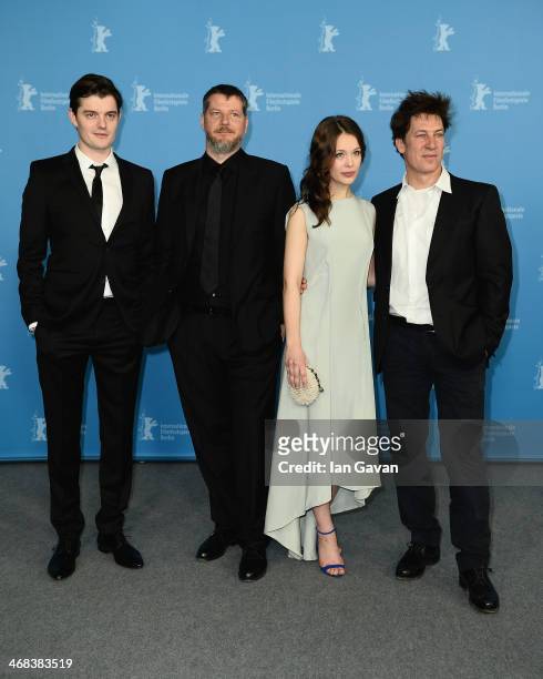 Sam Riley, Andreas Prochaska, Paula Beer and Tobias Moretti attend 'The Dark Valley' photocall during 64th Berlinale International Film Festival at...