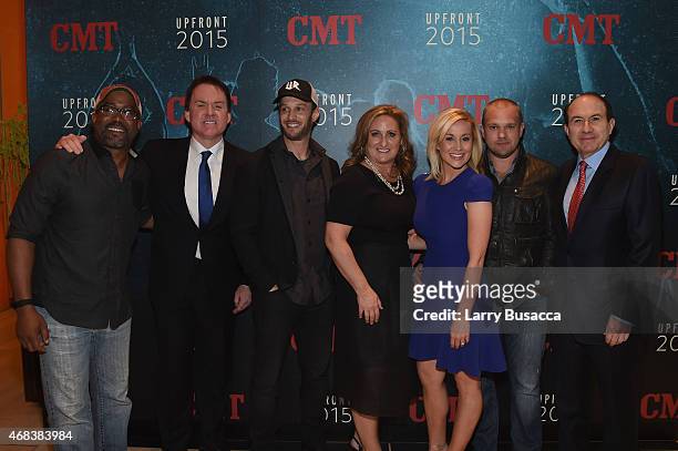 Darius Rucker, Brian Phillips, Josh Wolf,Cyma Zarghami, Kellie Pickler, Kyle Jacobs, and Philippe Dauman attend the Annual 2015 CMT Upfront at The...