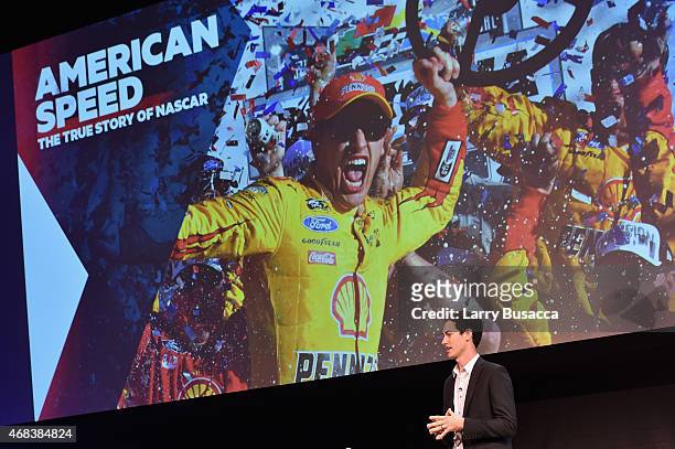 Racecar driver Joey Logano speaks onstage at the Annual 2015 CMT Upfront at The Times Center on April 2, 2015 in New York City.