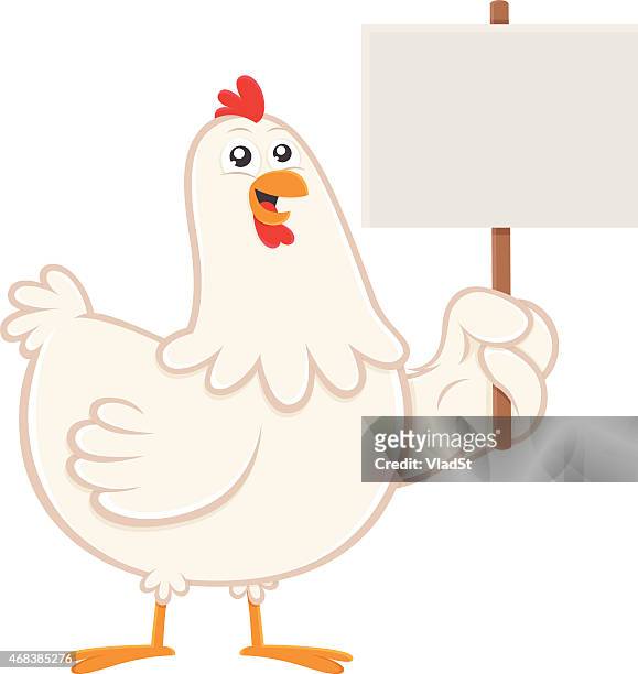 chicken cartoon character mascot holding a banner - chicken cartoon character mascot holding a banner stock illustrations