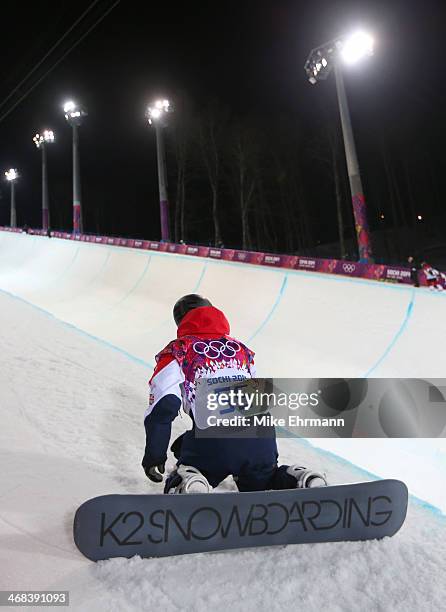 Ben Kilner of Great Britain looks up the pipe during training for the Halfpipe competition at the Extreme Park at Rosa Khutor Mountain on February...