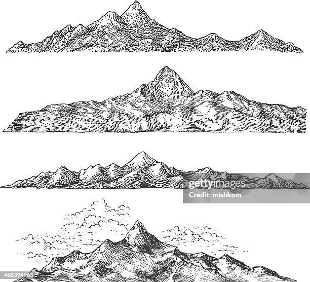 illustrazioni stock, clip art, cartoni animati e icone di tendenza di disegni di montagna - incisione