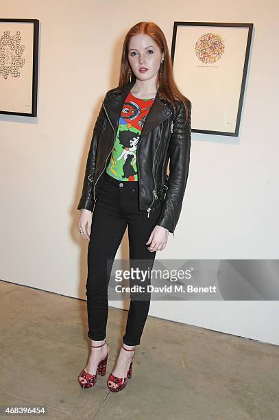 Ellie Bamber attends a private view of "The Top Ten" by artist Hayden Kays at The Cob Gallery on April 2, 2015 in London, England.
