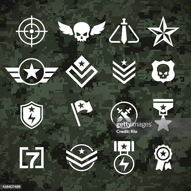 military symbols and camoflage pattern - conflict icon stock illustrations