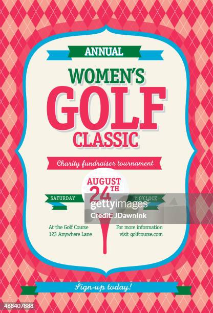 pink women's golf tournament invitation design template on argyle background - argyle stock illustrations