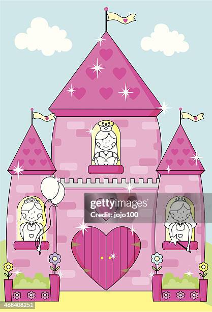 fairytale sparkly pink palace with party princesses. - princess-castle-background stock illustrations