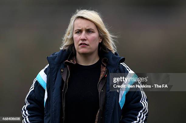 Chelsea manager Emma Hayes looks on ahead of the WSL match between Bristol Academy Women and Chelsea Ladies FC at Stoke Gifford Stadium on April 2,...