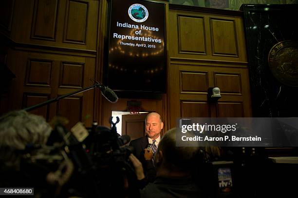 Indiana House Speaker Brian Bosma speaks to the media about amendments to the controversial Religious Freedom Restoration Act at the State Capitol...