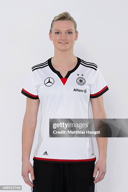 Alexandra Popp of Germany poses for a portrait during the DFB Women's Marketing Day at the Commerzbank-Arena on January 14, 2015 in Frankfurt am...