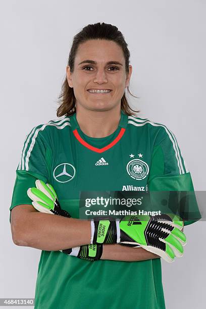 Goalkeeper Nadine Angerer of Germany poses for a portrait during the DFB Women's Marketing Day at the Commerzbank-Arena on January 14, 2015 in...