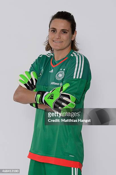 Goalkeeper Nadine Angerer of Germany poses for a portrait during the DFB Women's Marketing Day at the Commerzbank-Arena on January 14, 2015 in...