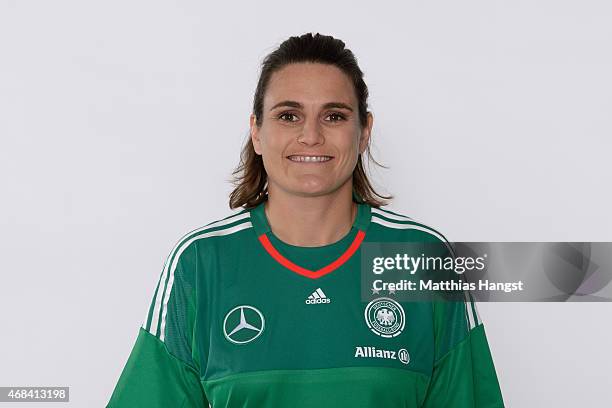 Goalkeeper Nadine Angerer of Germany poses for a portrait during the DFB Women's Marketing Day at the Commerzbank-Arena on January 14, 2015 in...