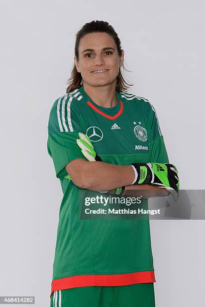 Goalkeeper Nadine Angerer of Germany poses for a portrait during the DFB Women's Marketing Day at the Commerzbank-Arena on January 14, 2015 in...