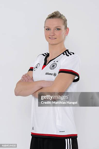 Alexandra Popp of Germany poses for a portrait during the DFB Women's Marketing Day at the Commerzbank-Arena on January 14, 2015 in Frankfurt am...