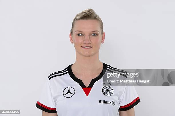 Alexandra Popp of Germany poses for a portrait during the DFB Women's Marketing Day at the Commerzbank-Arena on January 14, 2015 in Frankfurt am...