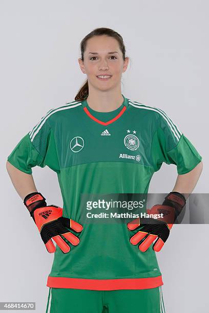 Goalkeeper Laura Benkarth of Germany poses for a portrait during the DFB Women's Marketing Day at the Commerzbank-Arena on January 14, 2015 in...
