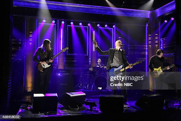 Episode 0238 -- Pictured: Mark Stoermer, Brad Wilk, Billy Corgan and Jeff Schroeder of musical guest The Smashing Pumpkins perform on April 2, 2015 --