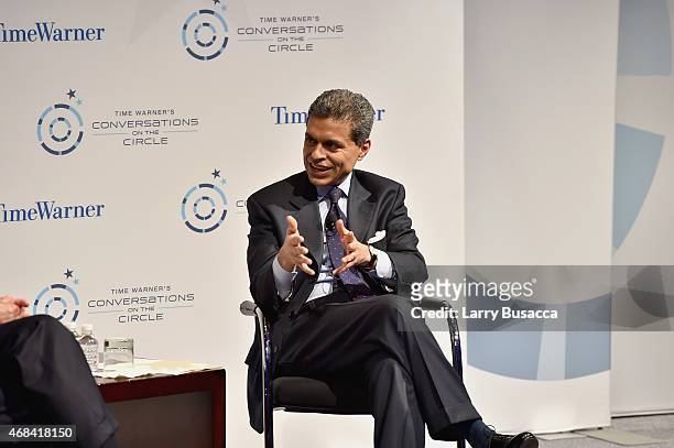 Journalist Fareed Zakaria speaks on stage at Time Warner's Conversations on The Circle: A Conversation With James A. Baker, III, Moderated By Fareed...
