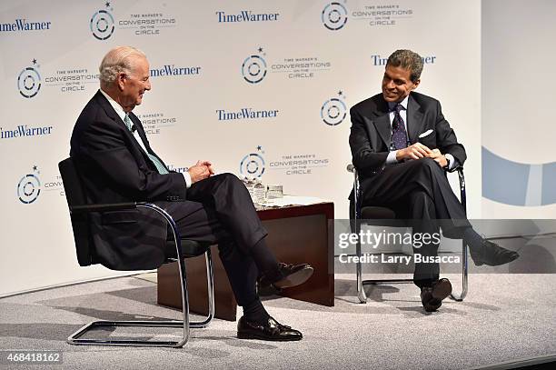 Former White House Chief of Staff James A. Baker, III and journalist Fareed Zakaria speak on stage at Time Warner's Conversations on The Circle: A...