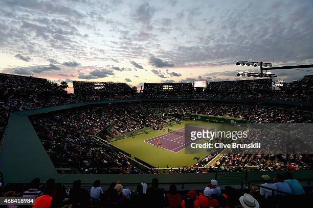 General view of Stadium Court showing David Ferrer of Spain against Novak Djokovic of Serbia in their quarter final during the Miami Open Presented...