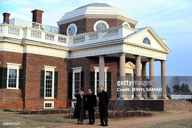 President Barack Obama and his French counterpart Francois Hollande , with President of Thomas Jefferson Foundation Leslie Greene Bowman , tour the...