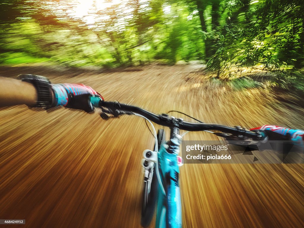 Mountain Bike: riding a fast single trail in the forest