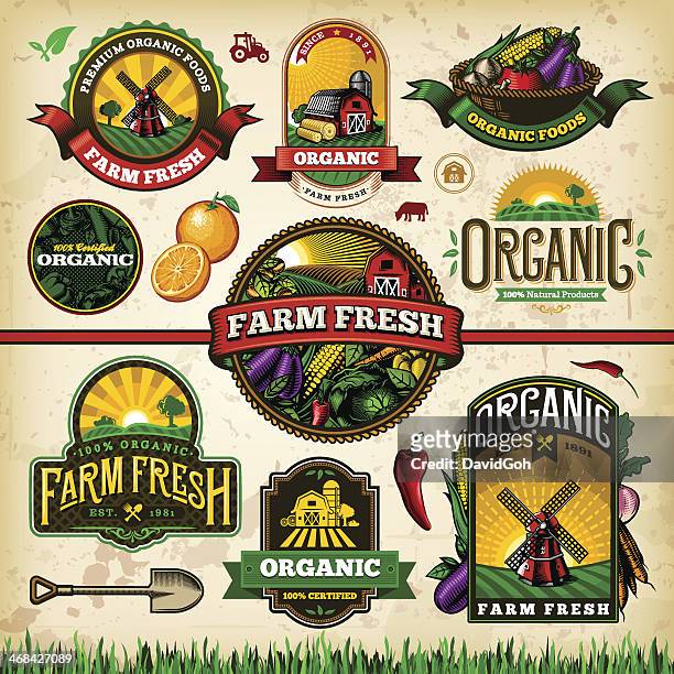 ilustraciones, imágenes clip art, dibujos animados e iconos de stock de orgánica y granja fresca juego de etiquetas 2 - granja ecológica