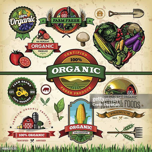 stockillustraties, clipart, cartoons en iconen met organic farm fresh label set 1 - tomato stock illustrations