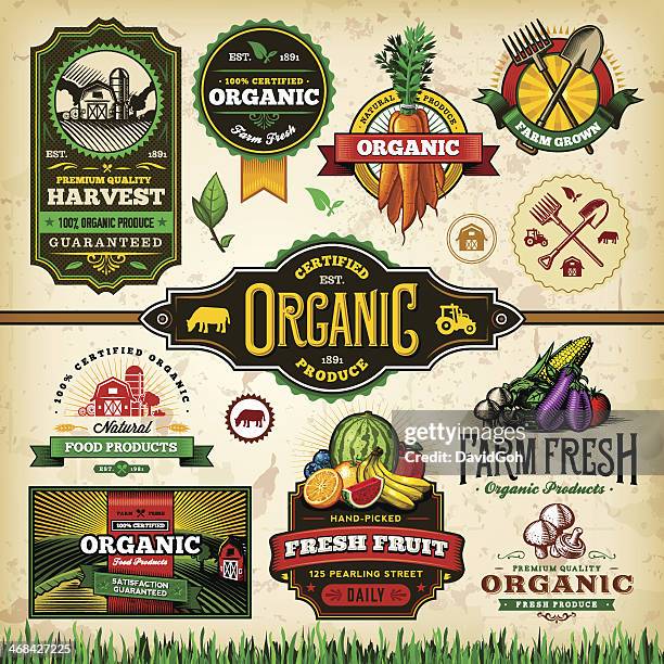 stockillustraties, clipart, cartoons en iconen met organic farm fresh label set 3 - mushroom types