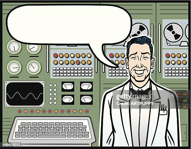 wissenschaftler stehen vor einem vintage computer - guy in front of computer cartoon stock-grafiken, -clipart, -cartoons und -symbole