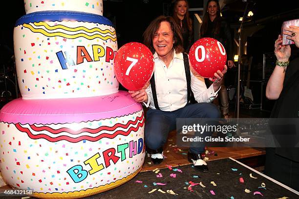 Singer Juergen Drews during Juergen Drews' 70th Birthday Party at Hofbraeuhaus on April 02, 2015 in Berlin, Germany.