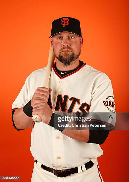 Casey McGehee of the San Francisco Giants poses for a portrait during spring training photo day at Scottsdale Stadium on February 27, 2015 in...