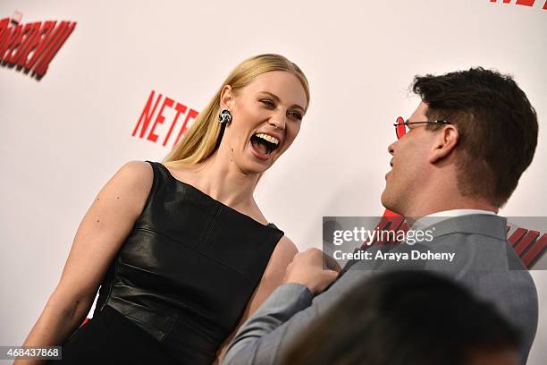 Deborah Ann Woll and E.J. Scott attend the Los Angeles premiere of Netflix's new original series "Marvel's Daredevil" at Regal Cinemas L.A. Live on...