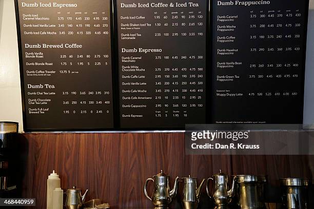 Signage shows the menu at Dumb Starbucks in the Los Feliz neighborhood on February 10, 2014 in Los Angeles, California. The new shop, which bills...