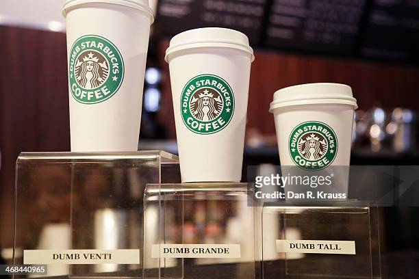 Available coffee cup sizes are shown on display inside of Dumb Starbucks in the Los Feliz neighborhood on February 10, 2014 in Los Angeles,...