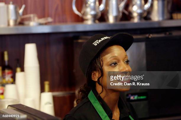 One of the two baristas working inside of Dumb Starbucks takes an order in the Los Feliz neighborhood on February 10, 2014 in Los Angeles,...
