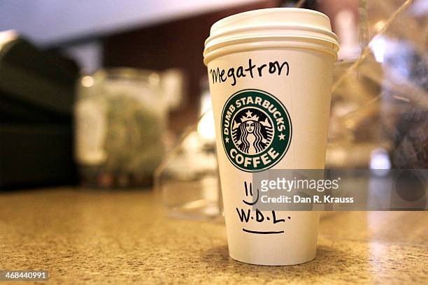 Free coffee for Megatron awaits pickup inside Dumb Starbucks in the Los Feliz neighborhood on February 10, 2014 in Los Angeles, California. The new...
