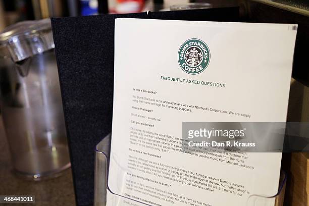 Signage inside of Dumb Starbucks answers frequently asked questions in the Los Feliz neighborhood on February 10, 2014 in Los Angeles, California....